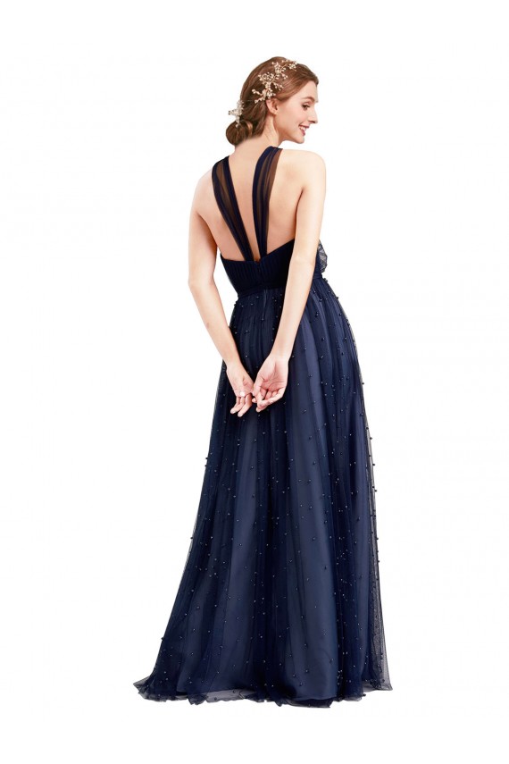Floor Length Long Halter Pleated Tulle Bridesmaid Dress Brisbane
