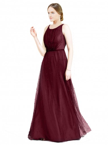 Sleeveless Boat Neck Long Pearl Tulle Bridesmaid Dress with Keyhole Back Brisbane