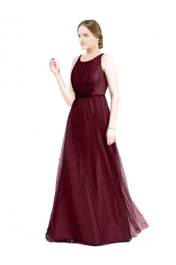 Sleeveless Boat Neck Long Pearl Tulle Bridesmaid Dress with Keyhole Back Brisbane