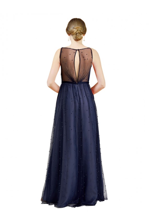 Sleeveless Boat Neck Long Pearl Tulle Bridesmaid Dress with Keyhole Back Brisbane