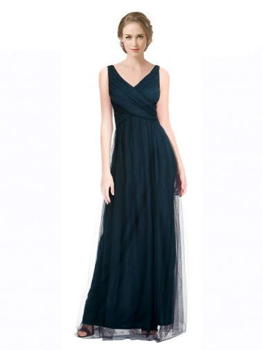 Full Length Long Tulle Bridesmaid Dress with V-Neck Criss-Cross Ruched Top Brisbane