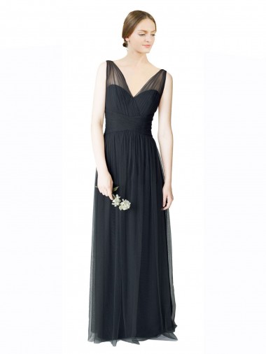 Long Tulle Bridesmaid Dress with Illusion Shoulder Straps and V-Back Brisbane