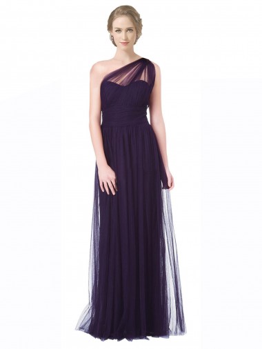 One Shoulder Long Tulle Bridesmaid Gown with Sheer Netting Strap Brisbane