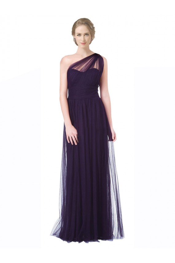 One Shoulder Long Tulle Bridesmaid Gown with Sheer Netting Strap Brisbane