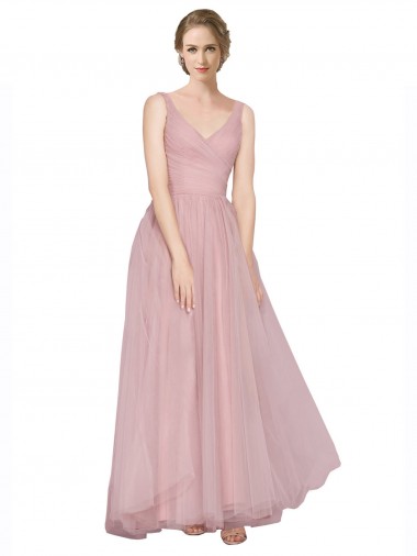 Long Floor Length Wide Strap Plunge Cross Over Neckline Tulle Bridesmaid Dress Brisbane