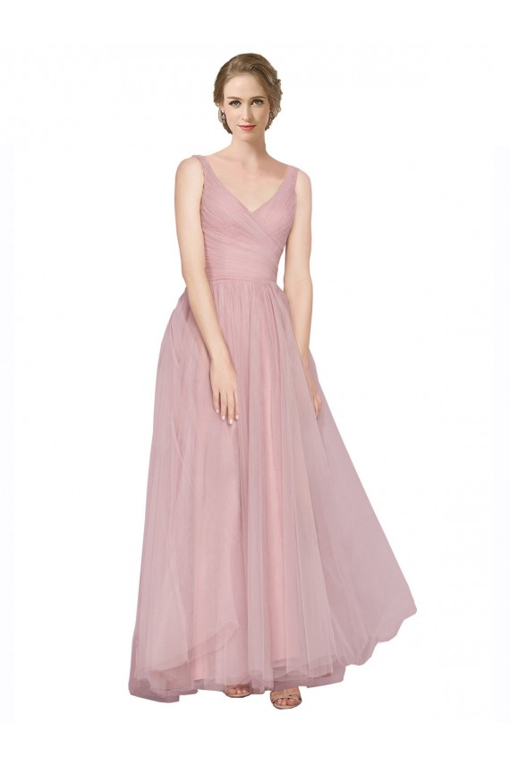 Long Floor Length Wide Strap Plunge Cross Over Neckline Tulle Bridesmaid Dress Brisbane