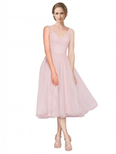 Short Tea Length Wide Strap Plunge Cross Over Neckline Tulle Cocktail Bridesmaid Dress Brisbane