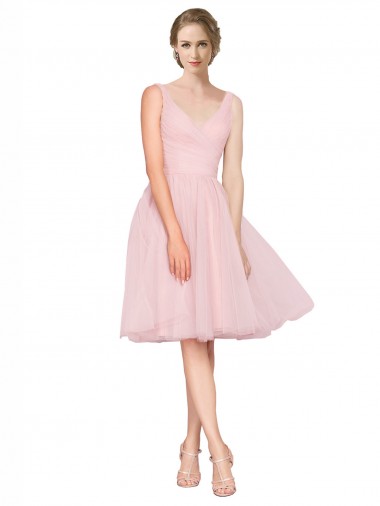 Short Knee Length Wide Strap Plunge Cross Over Neckline Tulle Cocktail Bridesmaid Dress Brisbane