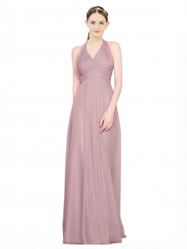 Ruffled Halter V-Neck Long Tulle Bridesmaid Dress with Pleats Brisbane