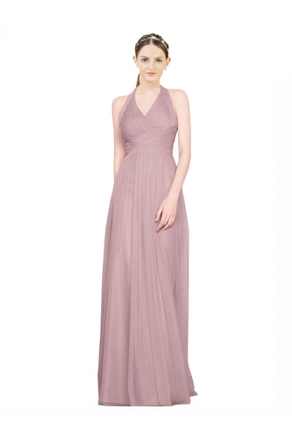 Ruffled Halter V-Neck Long Tulle Bridesmaid Dress with Pleats Brisbane