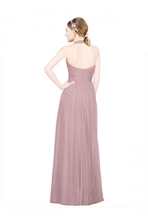 Ruffled Halter V-Neck Long Tulle Bridesmaid Dress with Pleats Brisbane