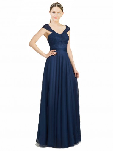 Ruched Sweetheart Long A-Line Tulle Bridesmaid Dress with Wide Straps and Tie Back Brisbane