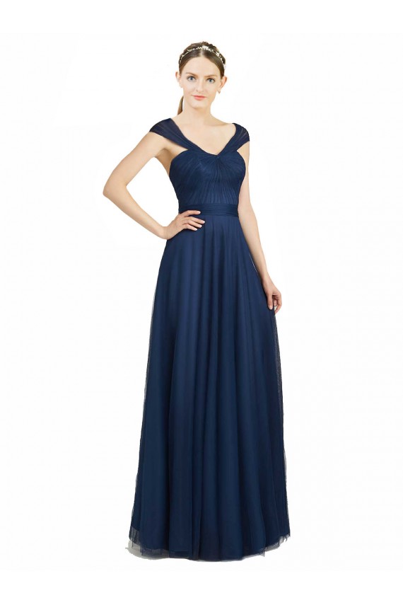 Ruched Sweetheart Long A-Line Tulle Bridesmaid Dress with Wide Straps and Tie Back Brisbane