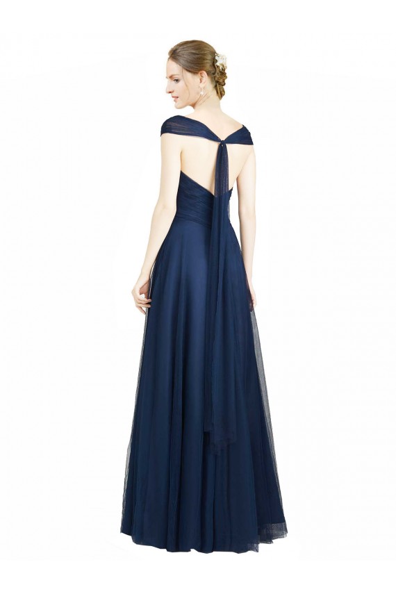 Ruched Sweetheart Long A-Line Tulle Bridesmaid Dress with Wide Straps and Tie Back Brisbane