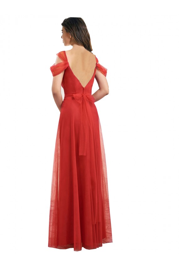 Cold Shoulder Pleated Wrap Tulle Bridesmaid Dress with Low V-Back Brisbane