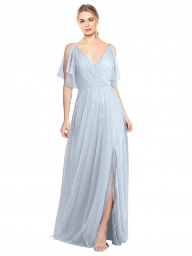 Floor Length Flutter Sleeves Long Tulle Bridesmaid Dress with Side Slit Brisbane