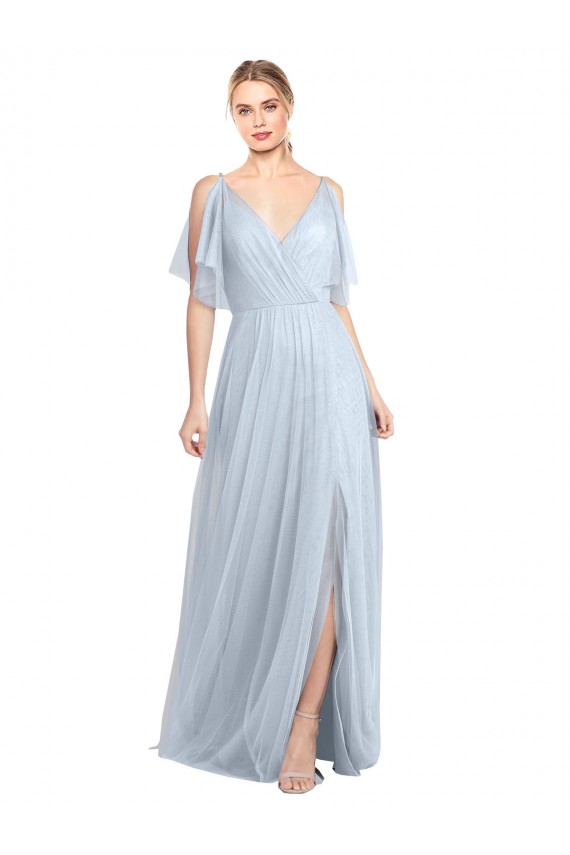 Floor Length Flutter Sleeves Long Tulle Bridesmaid Dress with Side Slit Brisbane