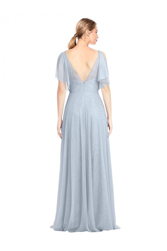 Floor Length Flutter Sleeves Long Tulle Bridesmaid Dress with Side Slit Brisbane