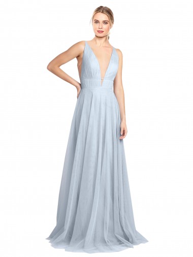 Plunging Deep V-Neck Long Tulle Bridesmaid Dress with V-Back Brisbane