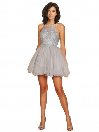 Halter Neckline Criss Cross Back Short Cocktail Dress with Beaded Lace Bodice Brisbane