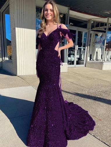 Cold Shoulder Sleeveless Long Court Train Velvet Sequin Prom Dress Brisbane