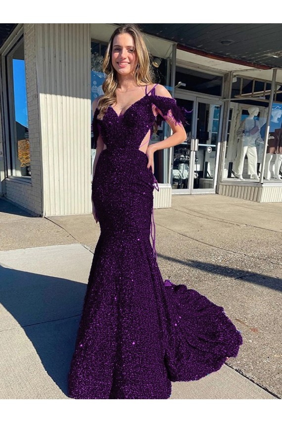 Cold Shoulder Sleeveless Long Court Train Velvet Sequin Prom Dress Brisbane