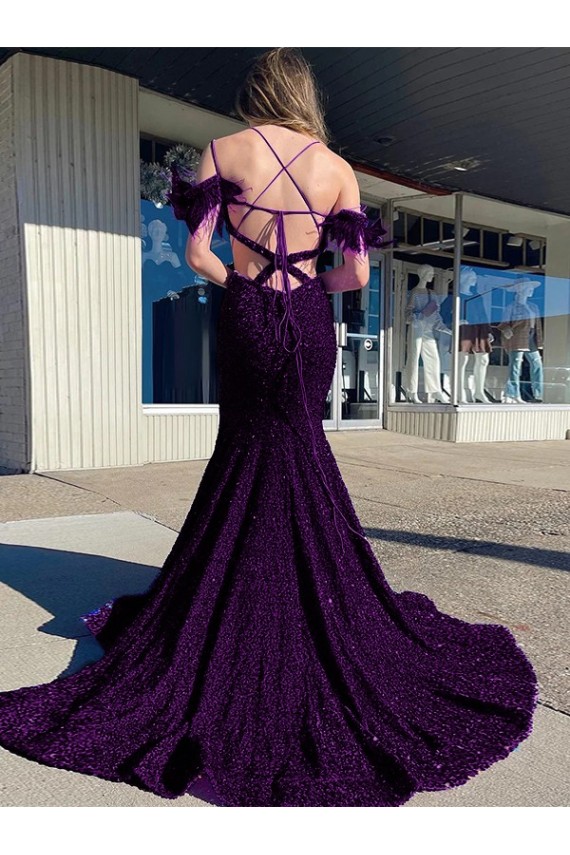 Cold Shoulder Sleeveless Long Court Train Velvet Sequin Prom Dress Brisbane