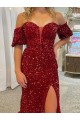 Off the Shoulder Short Sleeves Long Floor Length Velvet Sequin Prom Dress with High Slit Brisbane