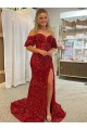 Off the Shoulder Short Sleeves Long Floor Length Velvet Sequin Prom Dress with High Slit Brisbane