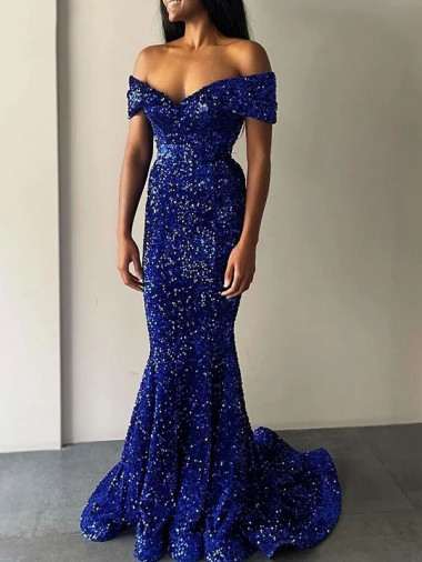 Mermaid Off the Shoulder Sleeveless Long Sweep Train Velvet Sequin Prom Dress Brisbane