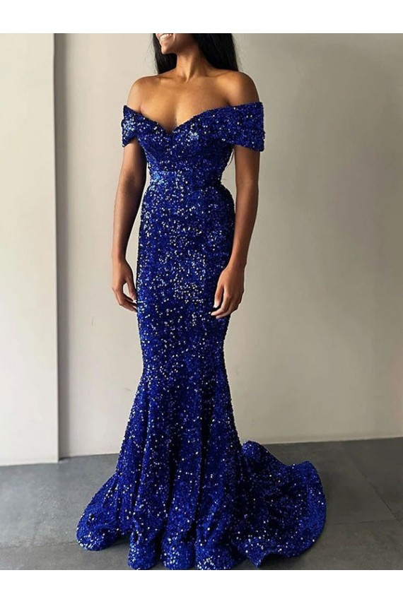 Mermaid Off the Shoulder Sleeveless Long Sweep Train Velvet Sequin Prom Dress Brisbane