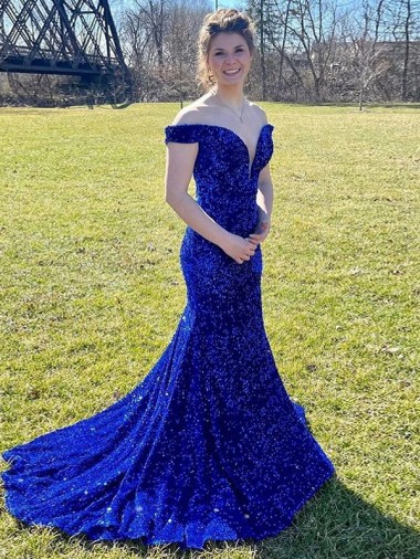 Off the Shoulder Sleeveless Long Sweep Train Velvet Sequin Prom Dress Brisbane