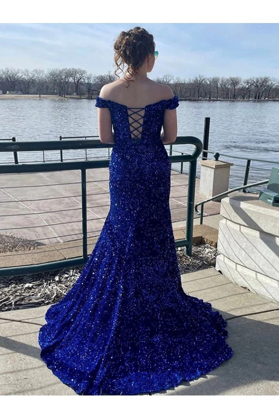 Off the Shoulder Sleeveless Long Sweep Train Velvet Sequin Prom Dress Brisbane