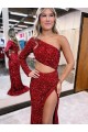 Mermaid One Shoulder Long Sleeves Long Sweep Train Velvet Sequin Prom Dress with High Slit Brisbane