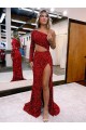 Mermaid One Shoulder Long Sleeves Long Sweep Train Velvet Sequin Prom Dress with High Slit Brisbane