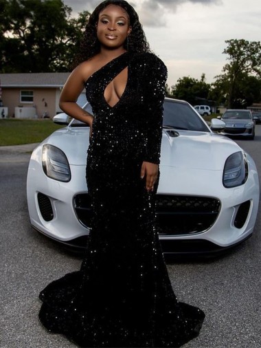 One Shoulder Long Sleeves Long Sweep Train Velvet Sequin Prom Dress Brisbane