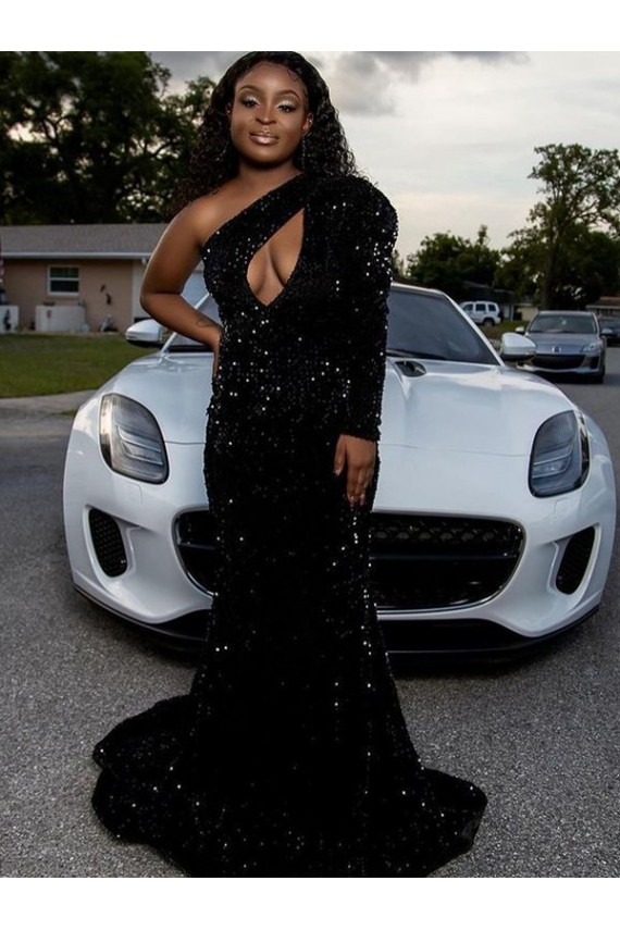 One Shoulder Long Sleeves Long Sweep Train Velvet Sequin Prom Dress Brisbane