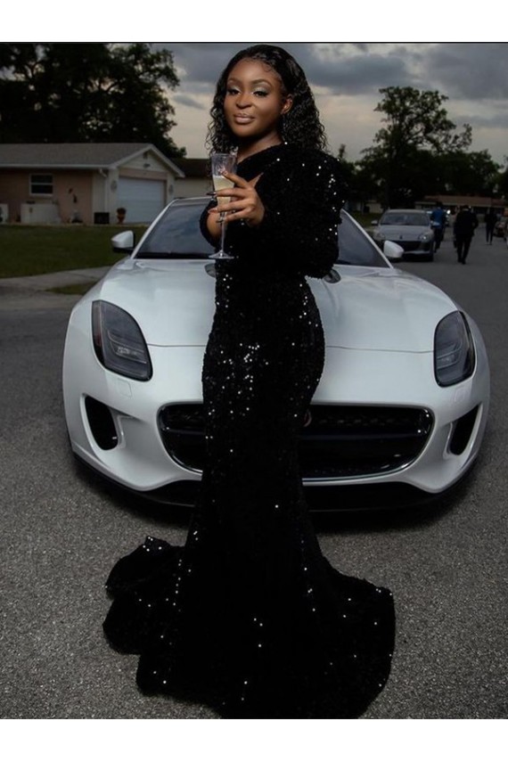 One Shoulder Long Sleeves Long Sweep Train Velvet Sequin Prom Dress Brisbane