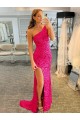 One Shoulder Sleeveless Long Velvet Sequin Prom Dress with High Slit Brisbane