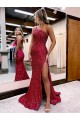 Mermaid One Shoulder Sleeveless Long Sweep Train Velvet Sequin Prom Dress with High Slit Brisbane