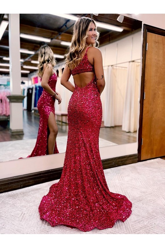 Mermaid One Shoulder Sleeveless Long Sweep Train Velvet Sequin Prom Dress with High Slit Brisbane