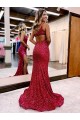 Mermaid One Shoulder Sleeveless Long Sweep Train Velvet Sequin Prom Dress with High Slit Brisbane