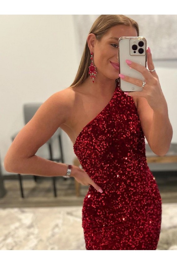 Open Back One Shoulder Sleeveless Long Sweep Train Velvet Sequin Prom Dress Brisbane
