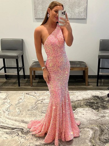 Open Back One Shoulder Sleeveless Long Sweep Train Velvet Sequin Prom Dress Brisbane