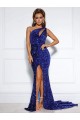 Mermaid One Shoulder Sleeveless Long Court Train Velvet Sequin Prom Dress with Slit Brisbane
