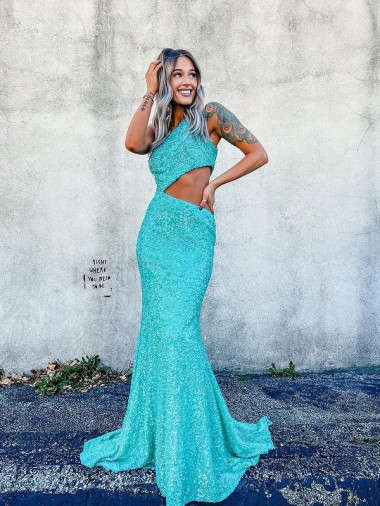 Mermaid One Shoulder Sleeveless Long Sweep Train Velvet Sequin Prom Dress Brisbane