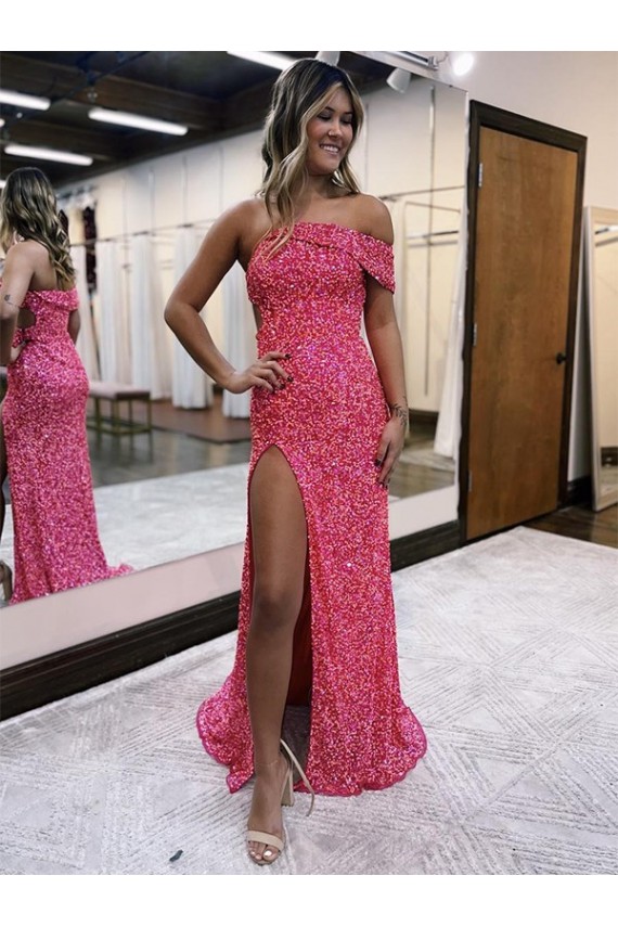 One Shoulder Sleeveless Long Sweep Train Velvet Sequin Prom Dress with Side Slit Brisbane