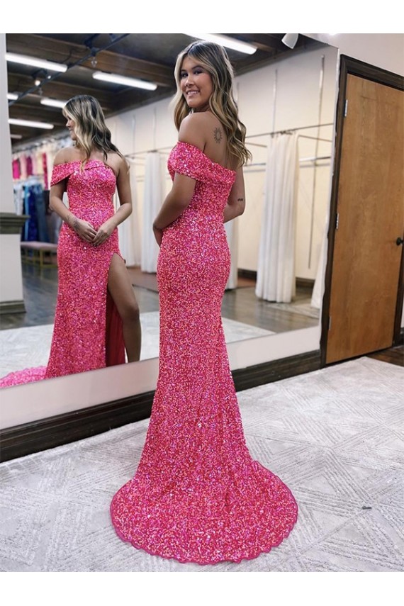 One Shoulder Sleeveless Long Sweep Train Velvet Sequin Prom Dress with Side Slit Brisbane