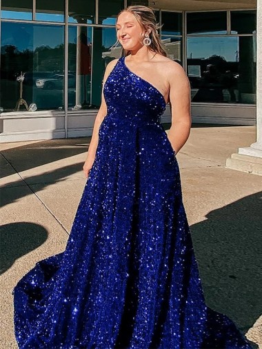 A-Line One Shoulder Sleeveless Long Sweep Train Velvet Sequin Prom Dress with Pockets Brisbane
