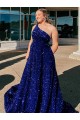 A-Line One Shoulder Sleeveless Long Sweep Train Velvet Sequin Prom Dress with Pockets Brisbane